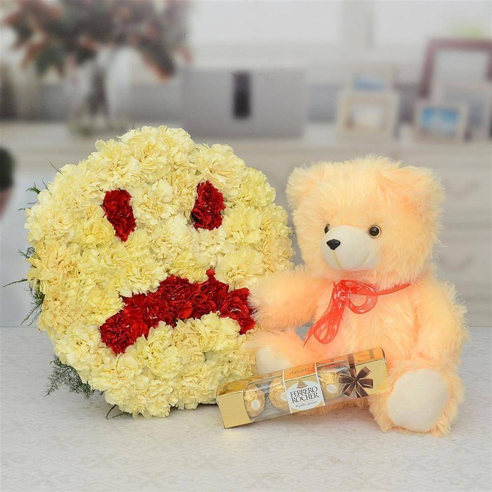 Sad Sorry Flower Arrangement With Teddy & Chocolate Hamper - YuvaFlowers