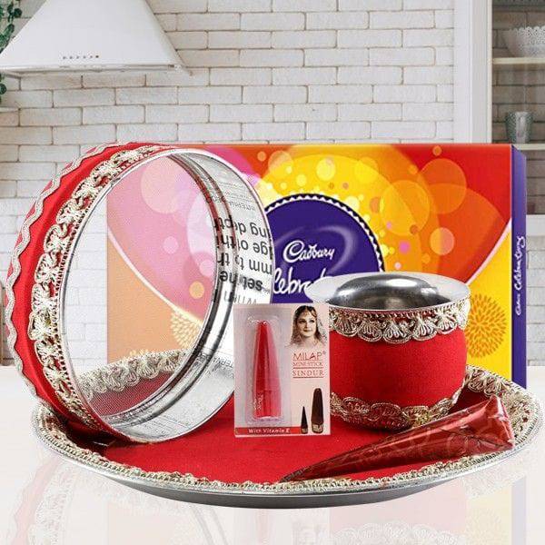 Sargi & Zardosi Red Thali Set - YuvaFlowers