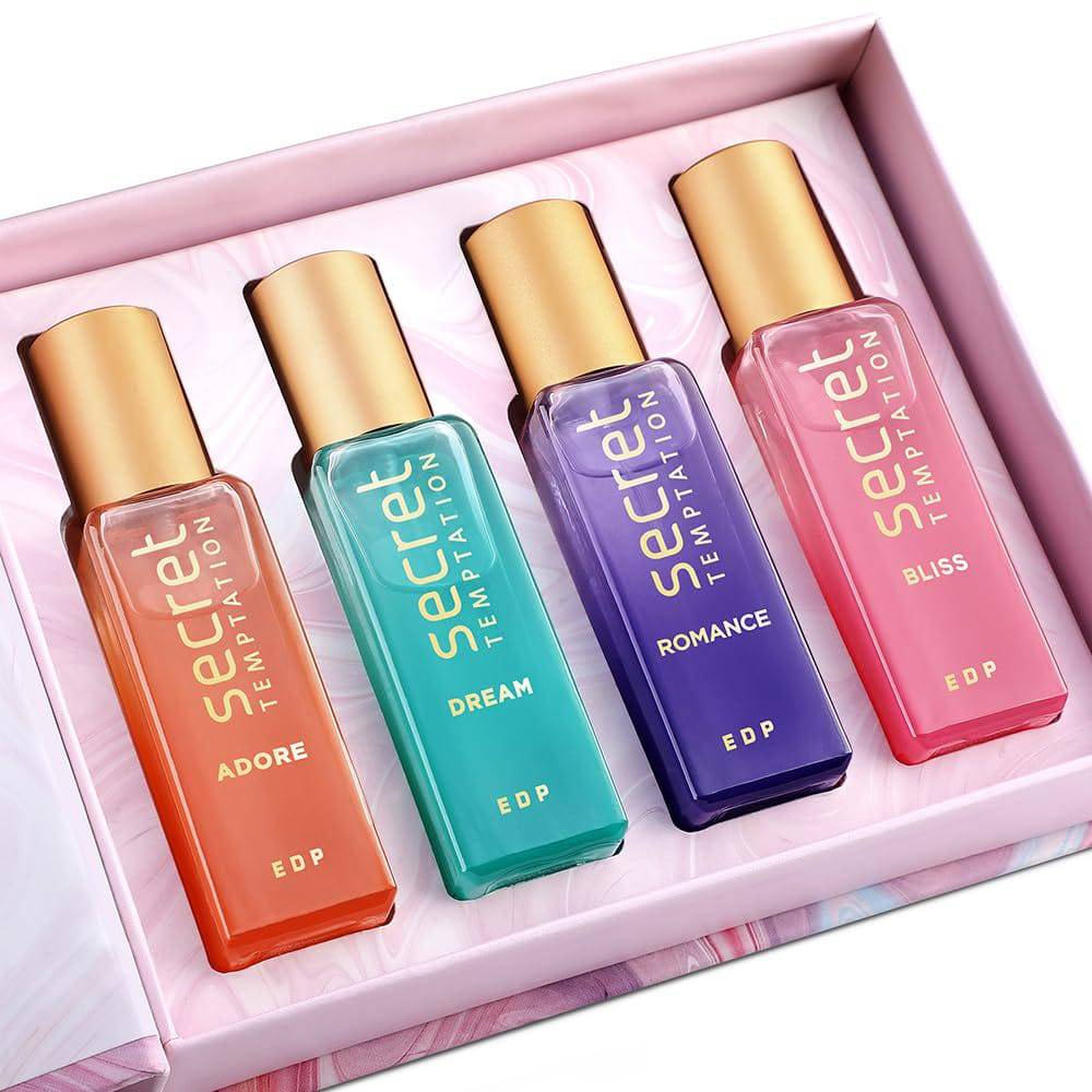 Secret Temptation Perfume Gift Set with Romance, Adore, Bliss and Dream Long Lasting Perfume for Women, Pack of 4 (20ml each)|Premium Fragrance - YuvaFlowers