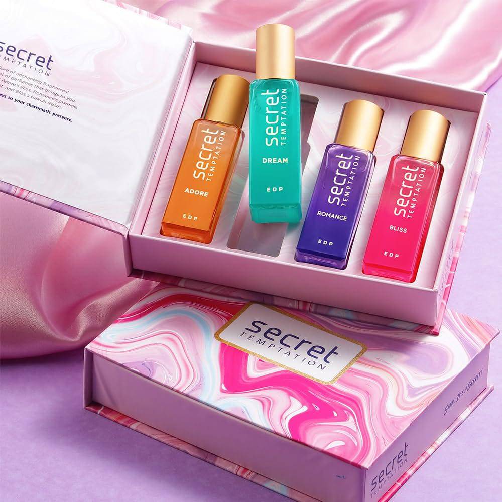 Secret Temptation Perfume Gift Set with Romance, Adore, Bliss and Dream Long Lasting Perfume for Women, Pack of 4 (20ml each)|Premium Fragrance - YuvaFlowers