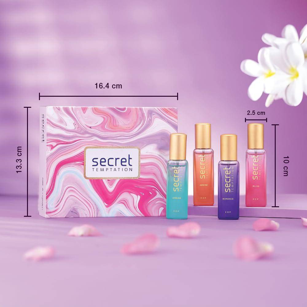 Secret Temptation Perfume Gift Set with Romance, Adore, Bliss and Dream Long Lasting Perfume for Women, Pack of 4 (20ml each)|Premium Fragrance - YuvaFlowers
