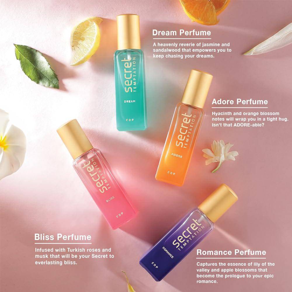 Secret Temptation Perfume Gift Set with Romance, Adore, Bliss and Dream Long Lasting Perfume for Women, Pack of 4 (20ml each)|Premium Fragrance - YuvaFlowers
