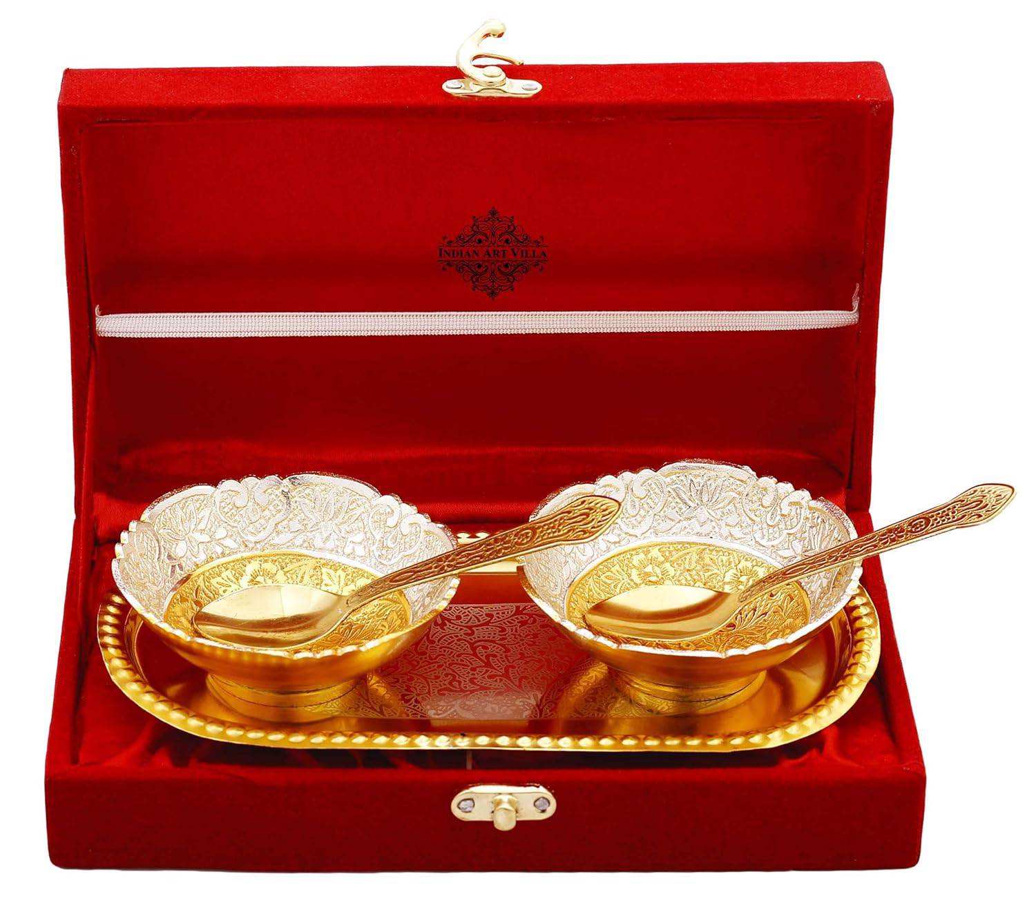 Silver Plated Decorative Embossed Bowl Set with 2 Spoons & 1 Tray, Service for 2, Festive Gifts - YuvaFlowers