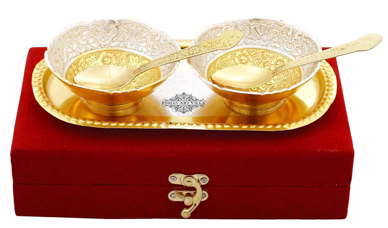 Silver Plated Decorative Embossed Bowl Set with 2 Spoons & 1 Tray, Service for 2, Festive Gifts - YuvaFlowers