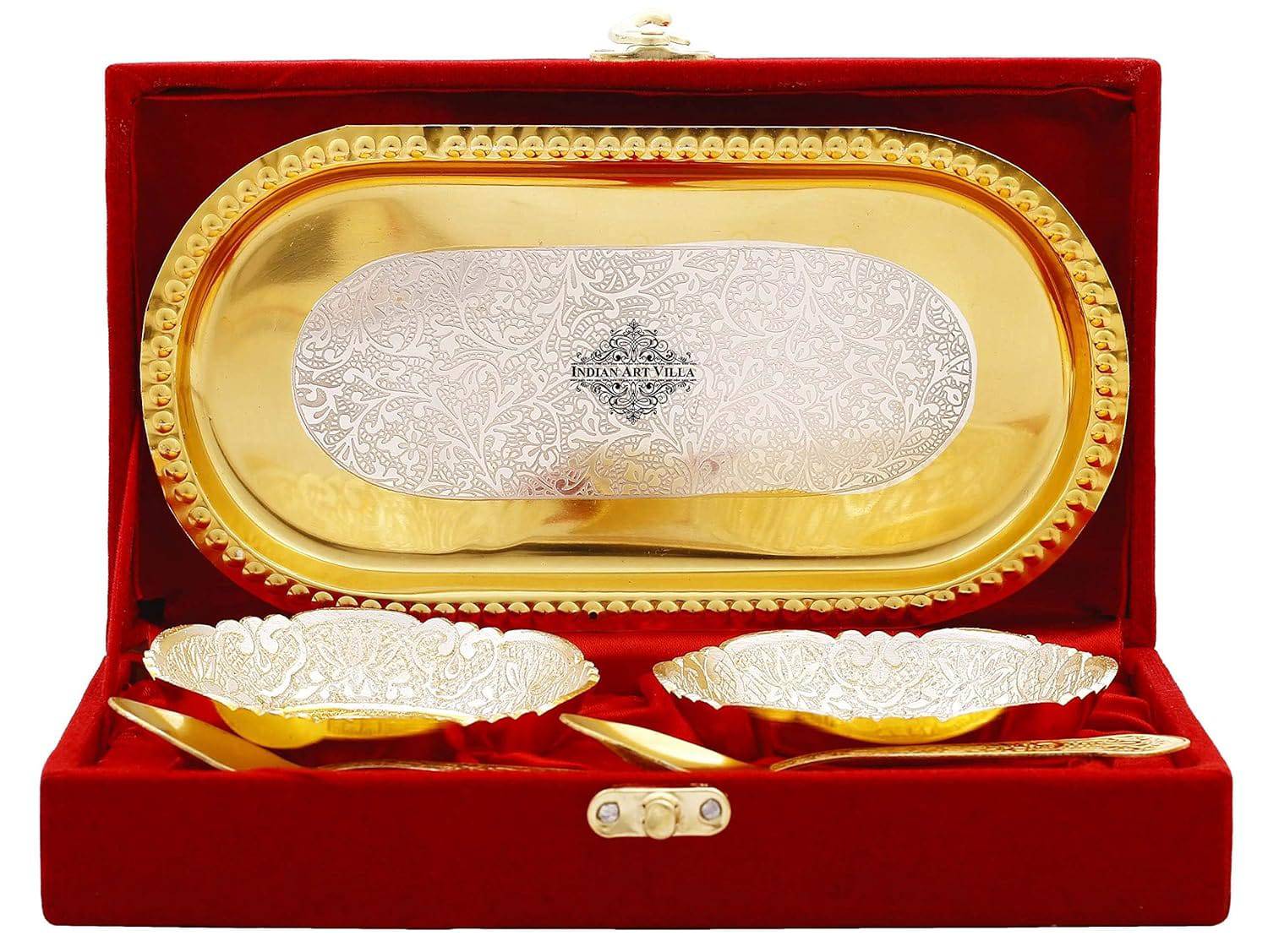 Silver Plated Decorative Embossed Bowl Set with 2 Spoons & 1 Tray, Service for 2, Festive Gifts - YuvaFlowers