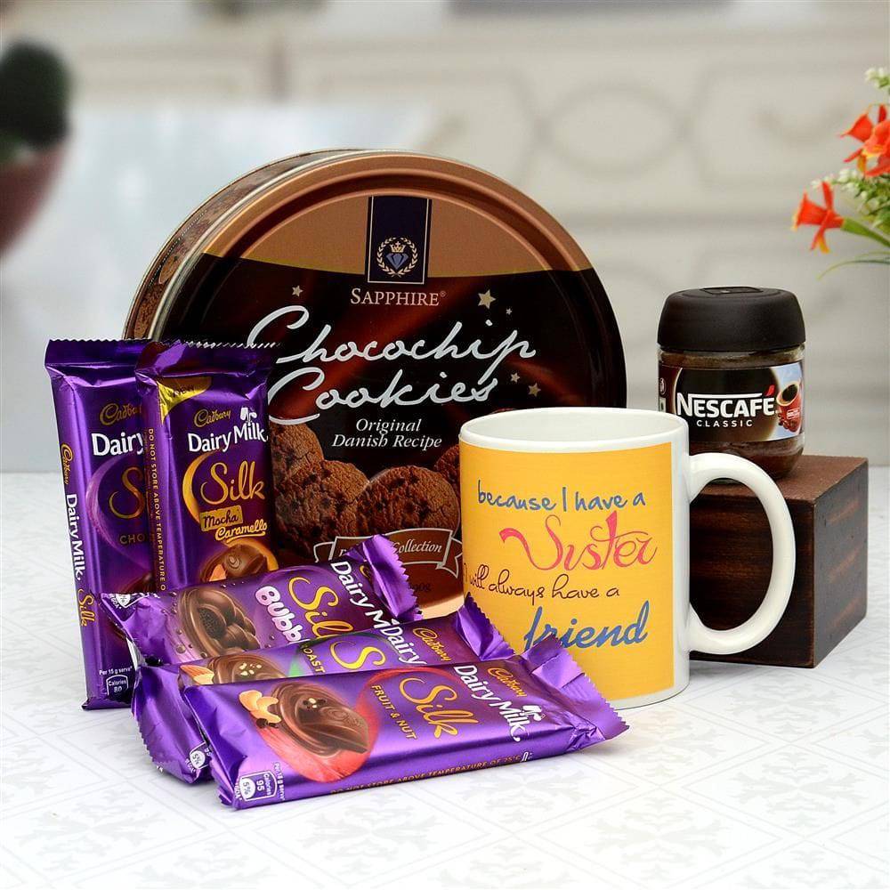 Sister Hamper - Cookies with Mug & Diary Milk Chocolates - YuvaFlowers