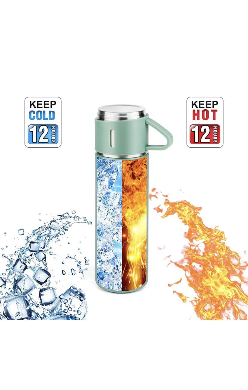 Stainless Steel Thermo 500ml Vacuum Insulated Bottle Water Flask Gift Set with Two Cups Hot & Cold | Assorted Color | Diwali Gifts for Employees | Corporate Gift Items - YuvaFlowers