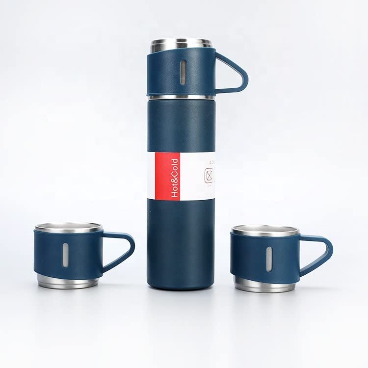Stainless Steel Thermo 500ml Vacuum Insulated Bottle Water Flask Gift Set with Two Cups Hot & Cold | Assorted Color | Diwali Gifts for Employees | Corporate Gift Items - YuvaFlowers