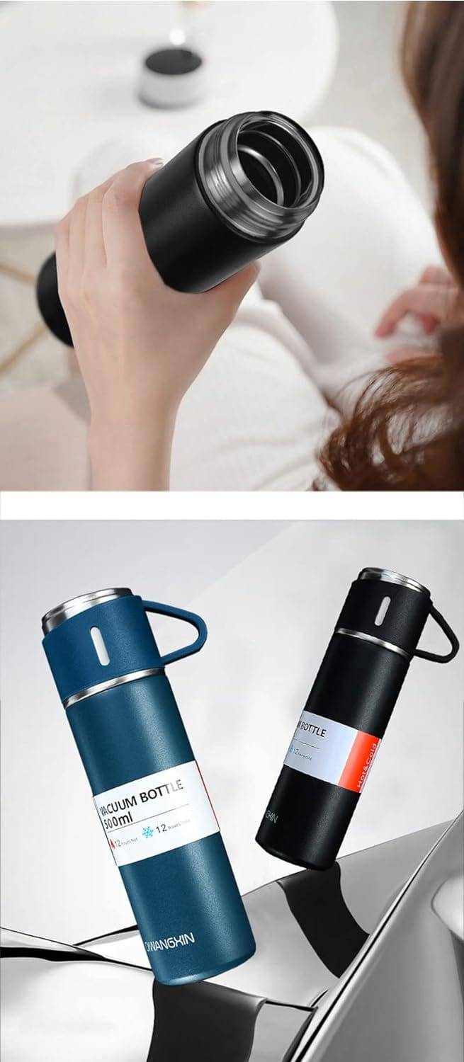 Stainless Steel Thermo 500ml Vacuum Insulated Bottle Water Flask Gift Set with Two Cups Hot & Cold | Assorted Color | Diwali Gifts for Employees | Corporate Gift Items - YuvaFlowers