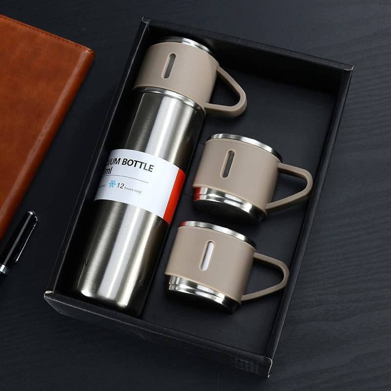 Stainless Steel Thermo 500ml Vacuum Insulated Bottle Water Flask Gift Set with Two Cups Hot & Cold | Assorted Color | Diwali Gifts for Employees | Corporate Gift Items - YuvaFlowers