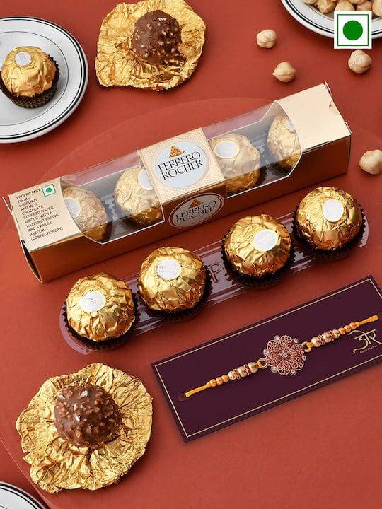 Stone-Studded & Beaded Rakhis With Ferrero Rocher Chocolate Set - YuvaFlowers