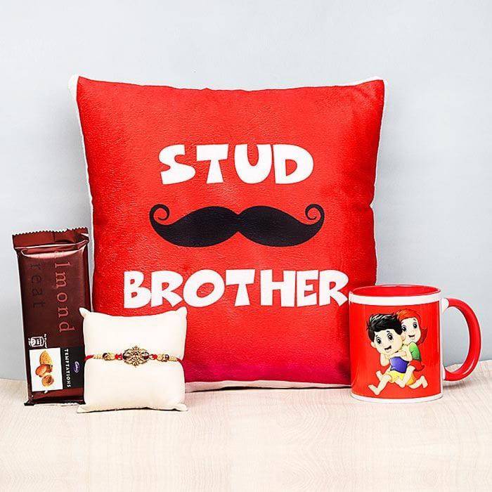 Stud Bro Cushion With Mug Chocolate Rakhi Combo - YuvaFlowers