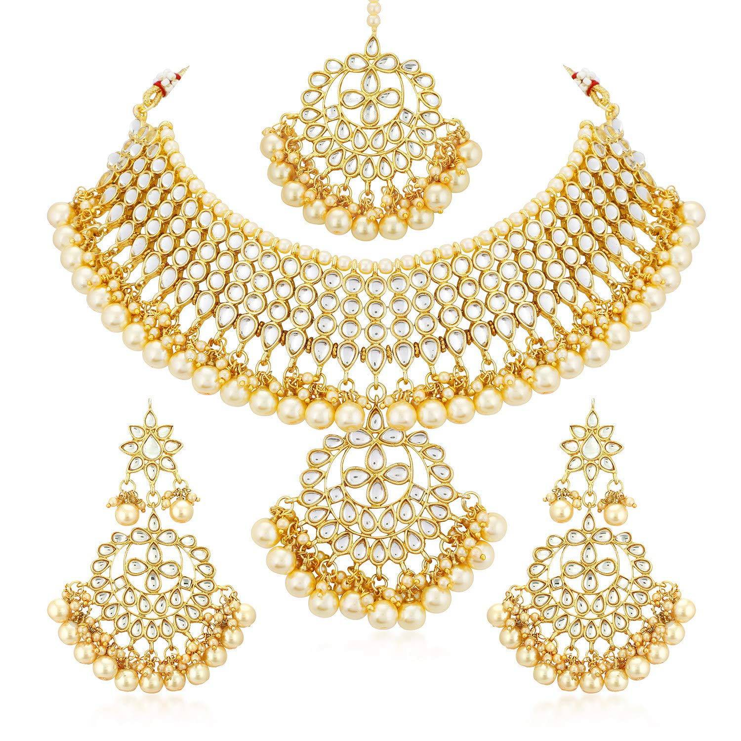 Sukkhi Trendy Kundan Gold Plated Wedding Jewellery Pearl Choker Necklace Set for Women (N73544) - YuvaFlowers