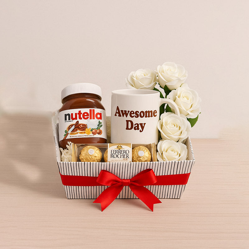 Sweet Moments Gift Hamper – Nutella, Mug & Ferrero Rocher & White Rose