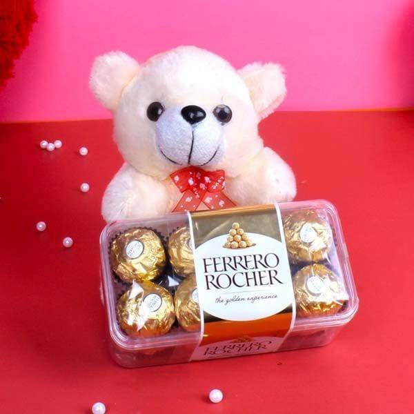 Teddy with Ferrero Rocher Chocolate - YuvaFlowers