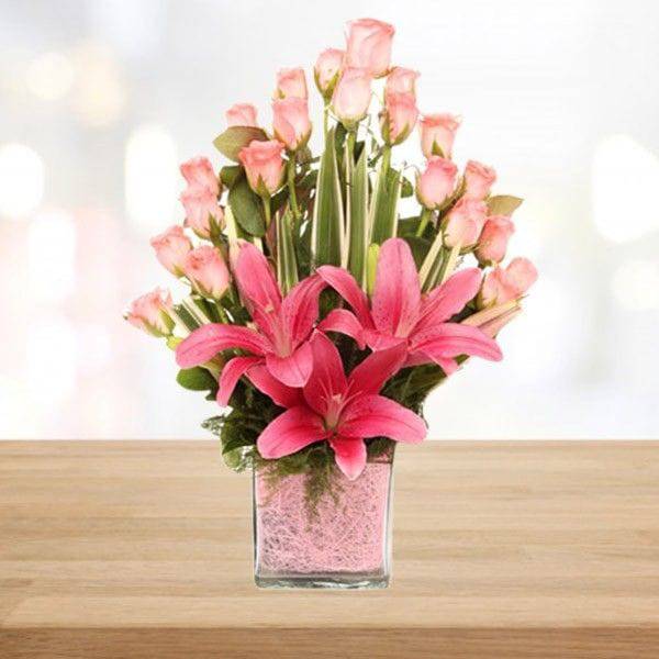 Vase of Pink Lily N Roses - YuvaFlowers