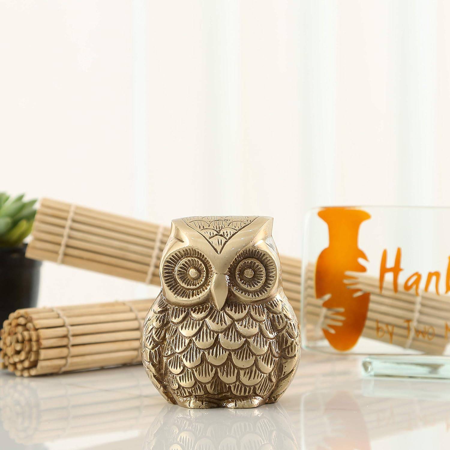 Vintage Brass Owl Decor Showpiece, 650 Grams, Owl Showpiece for Home Décor, Showpieces for Home Decor, Standard, Pack of 1 - YuvaFlowers