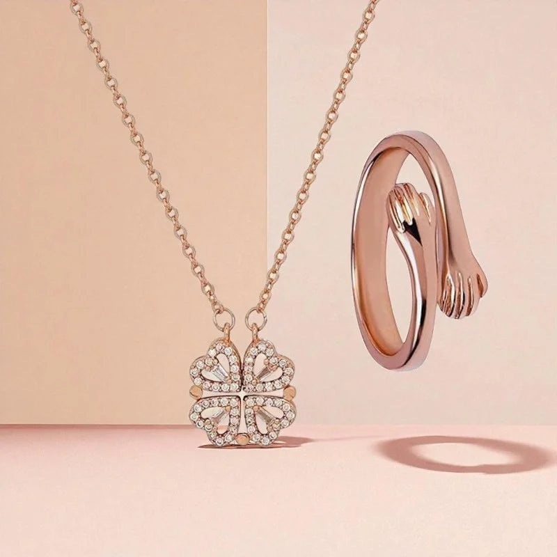 Anti-Tarnish Magnetic Clover Necklace & Promise Hug Ring Set