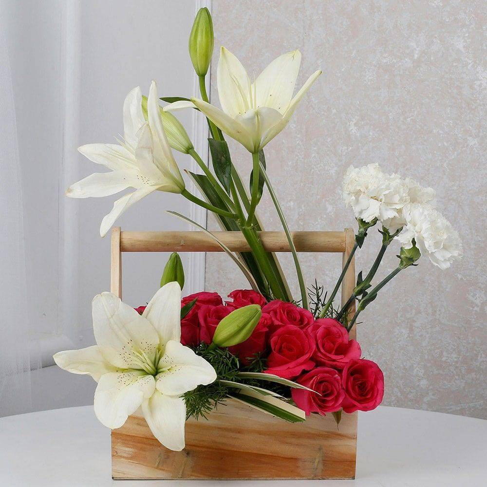 White And Pink Floral Wooden Arrangement - YuvaFlowers