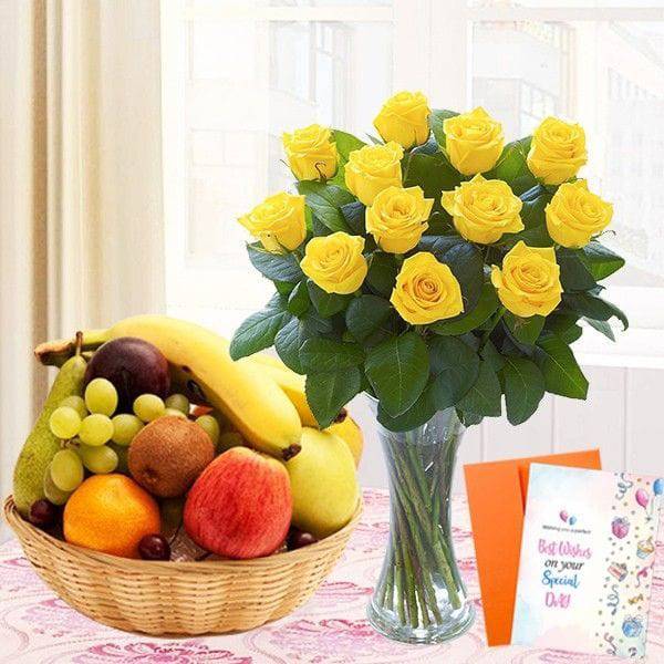 Yellow Roses Vase With Fruit Basket - YuvaFlowers