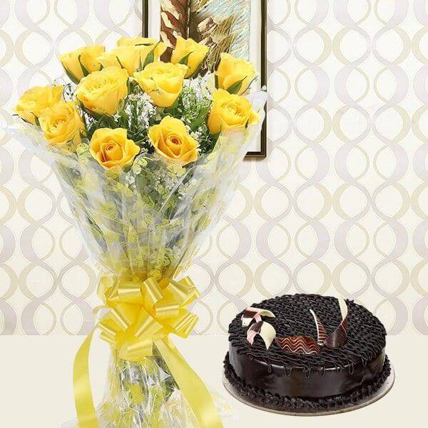 Yellow Roses With Chocolate Cake - YuvaFlowers