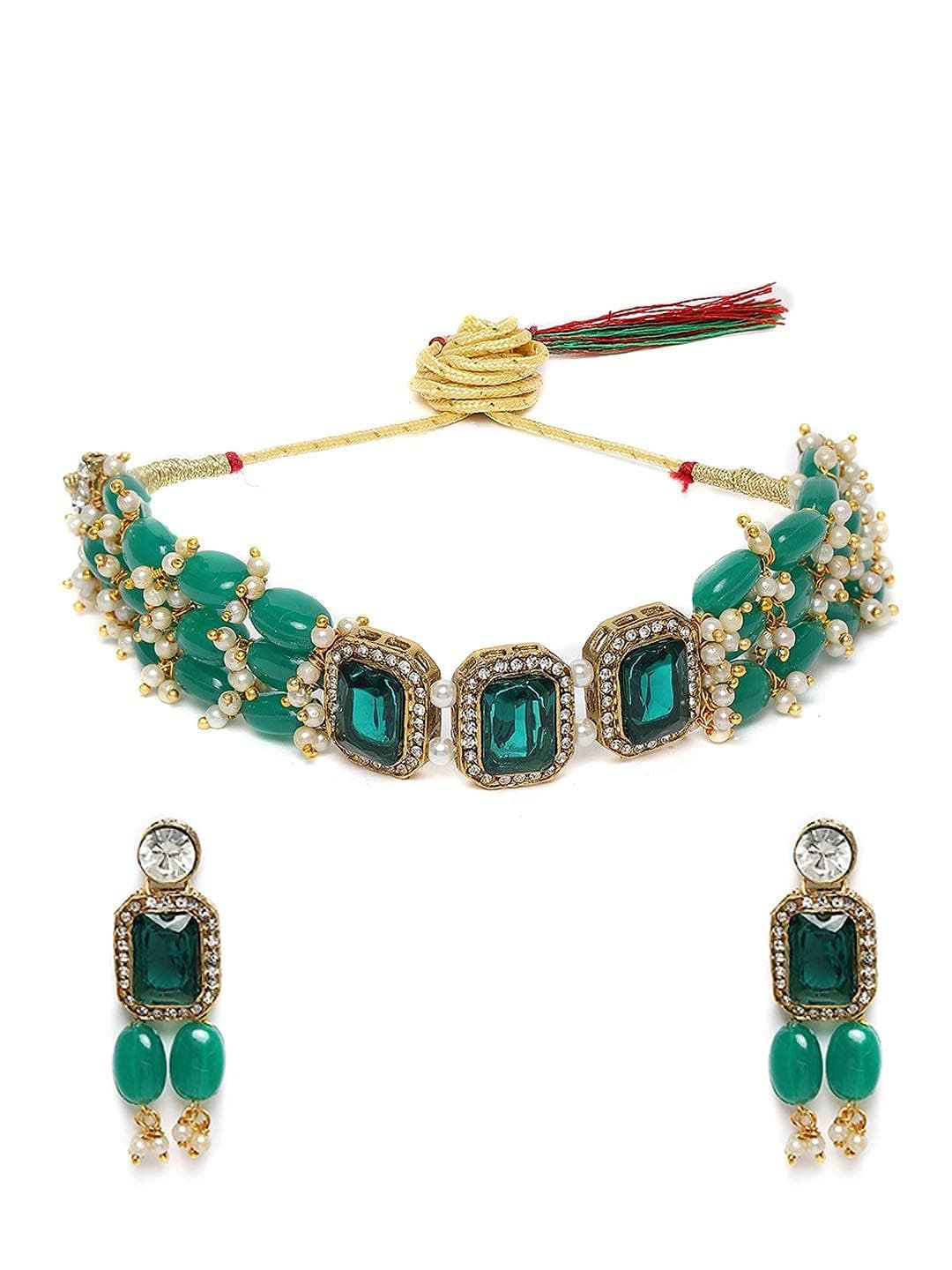 ZAVERI PEARLS Green Stones & Beads Multistrand Traditional Choker Necklace & Earring Set For Women-ZPFK10111 - YuvaFlowers