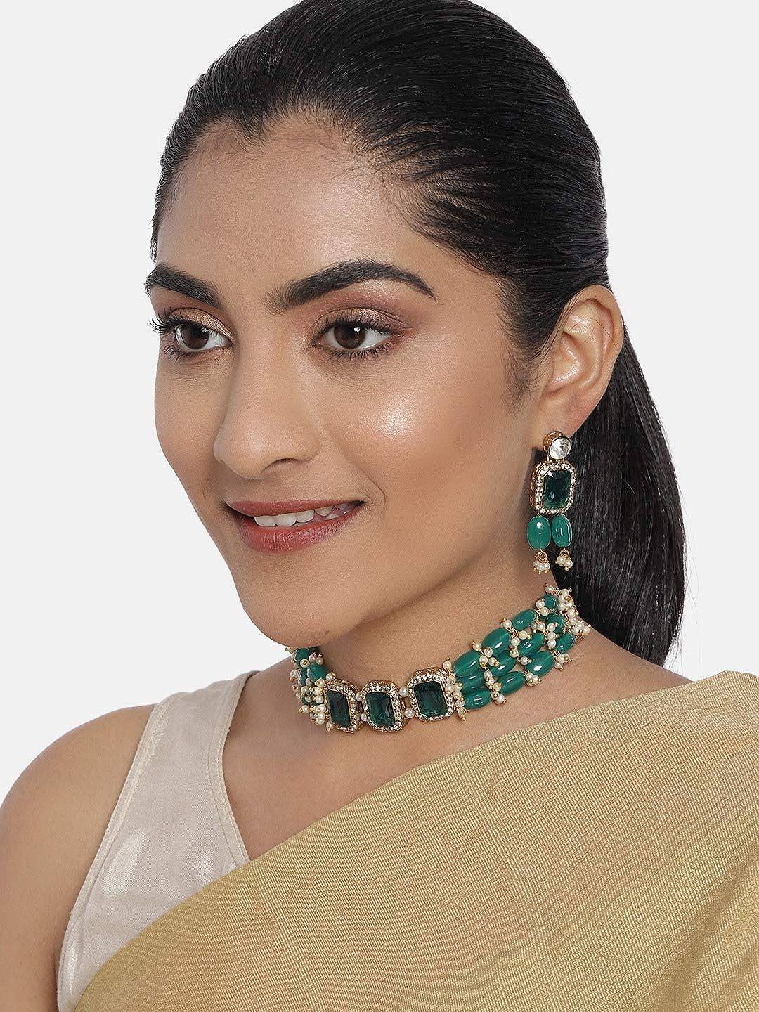 ZAVERI PEARLS Green Stones & Beads Multistrand Traditional Choker Necklace & Earring Set For Women-ZPFK10111 - YuvaFlowers
