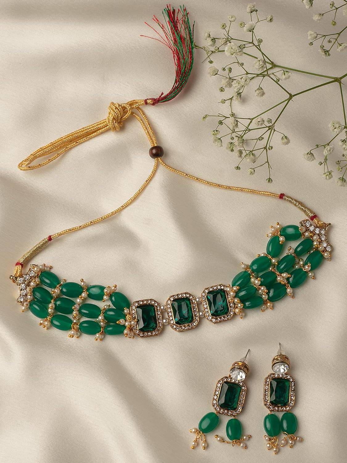ZAVERI PEARLS Green Stones & Beads Multistrand Traditional Choker Necklace & Earring Set For Women-ZPFK10111 - YuvaFlowers